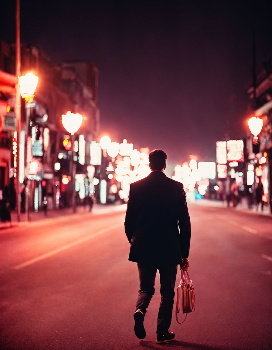 Man in suit walks city street at night with bright lights and lanterns