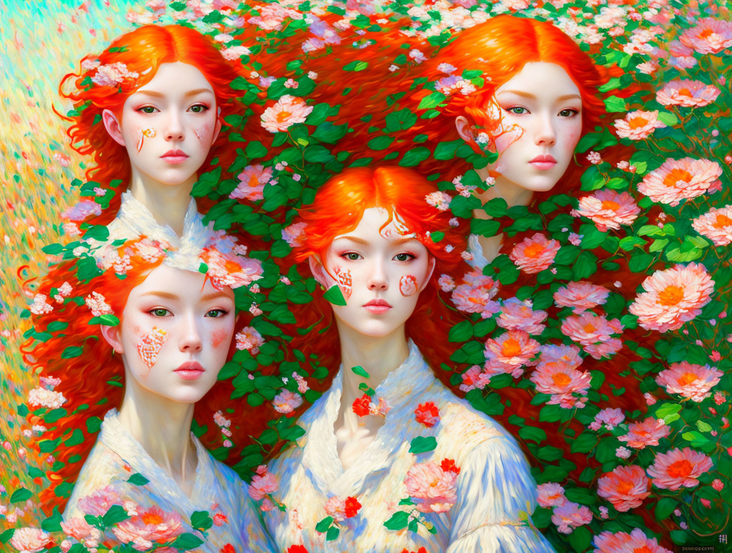 Four Women with Vibrant Red Hair and Floral Adornments Blended into Colorful Flower Backdrop