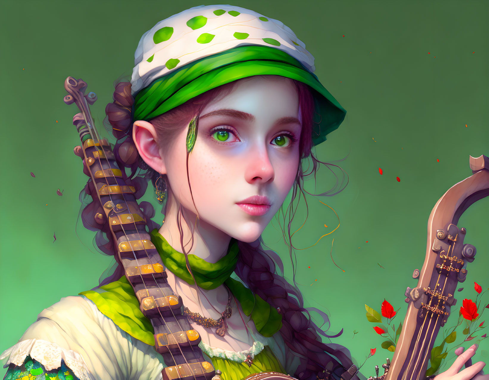 Portrait of young woman with green eyes in white and green hat, adorned with leaves, holding string instrument