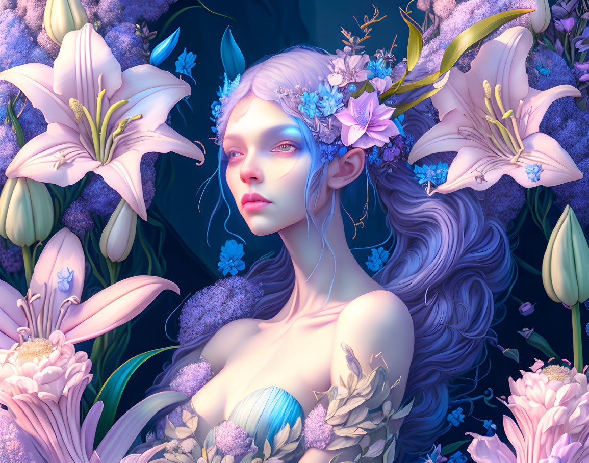 Pale-skinned female surrounded by vibrant lilies and flora with blue makeup.