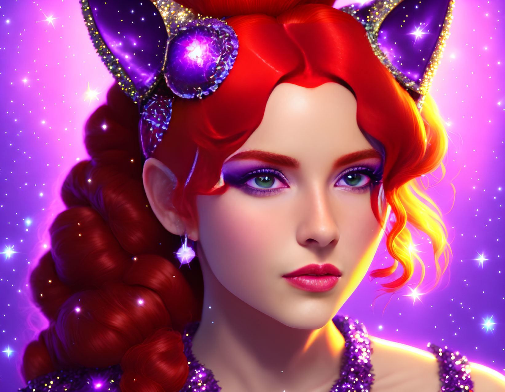 Fantasy female character with red hair, horns, and green eyes on a purple background.