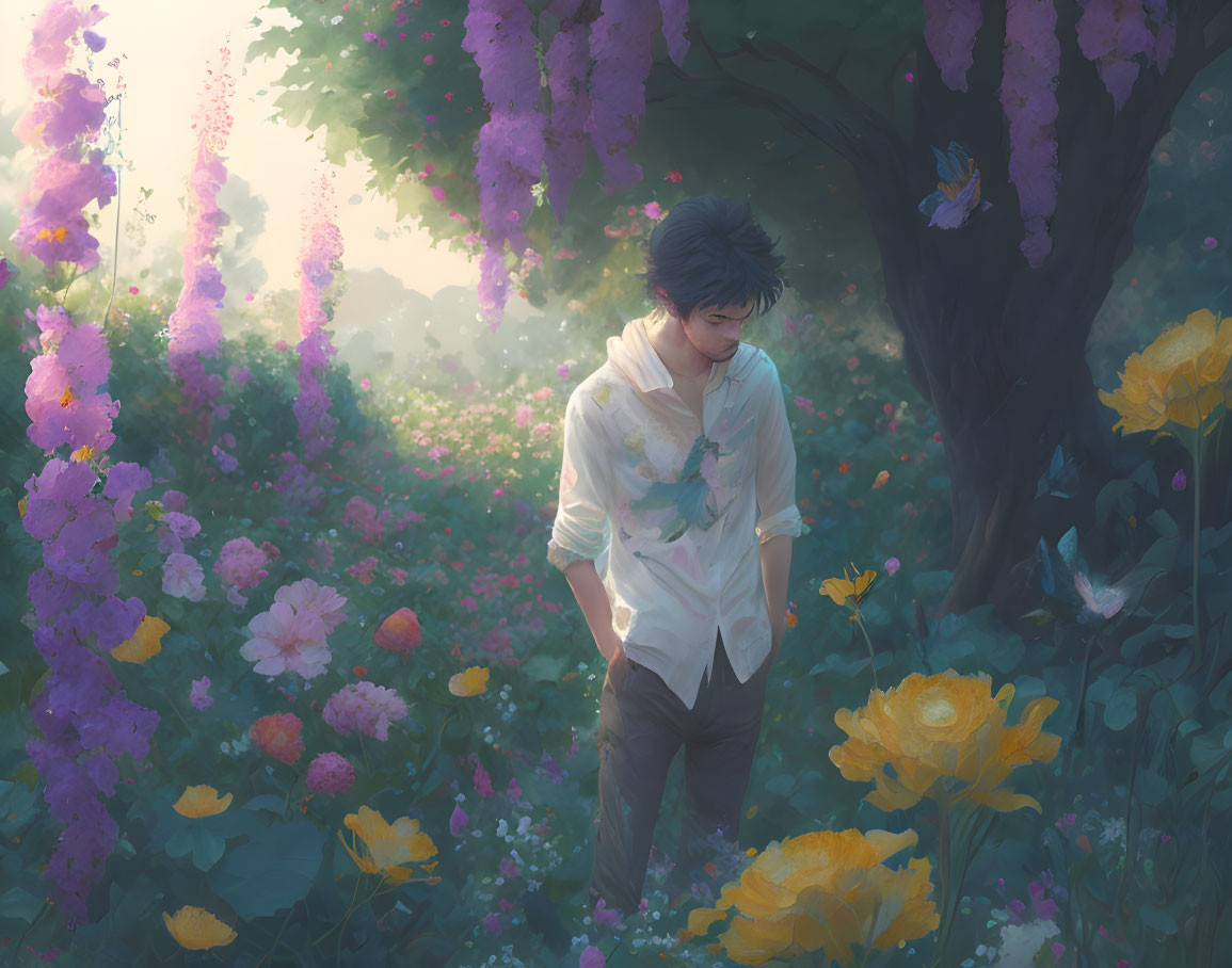 Young person surrounded by vibrant flowers and butterflies in lush garden