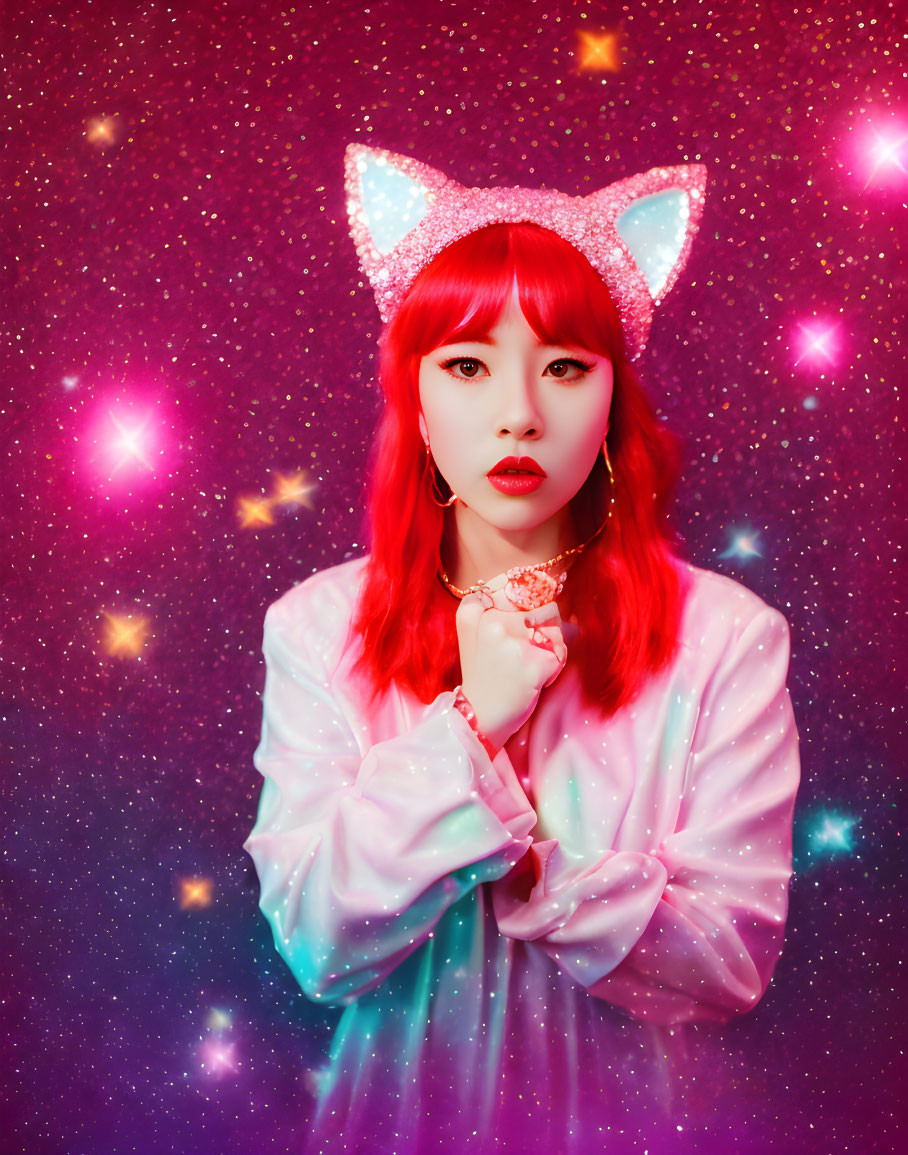 Person with Bright Red Hair in Cat Ears and Pink Outfit on Sparkly Background