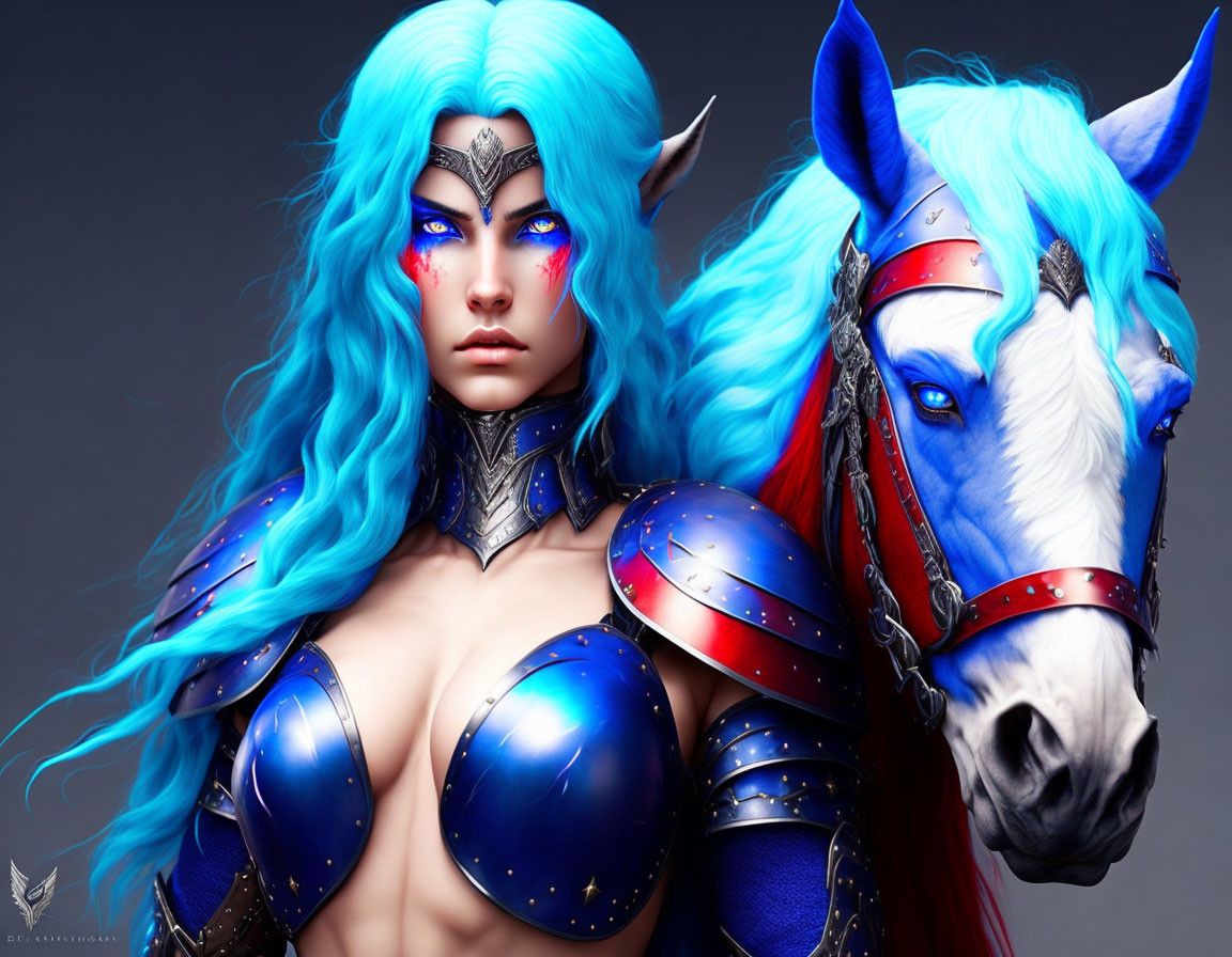 Fantasy portrait of person with vibrant blue hair and armor next to blue horse with red and blue br