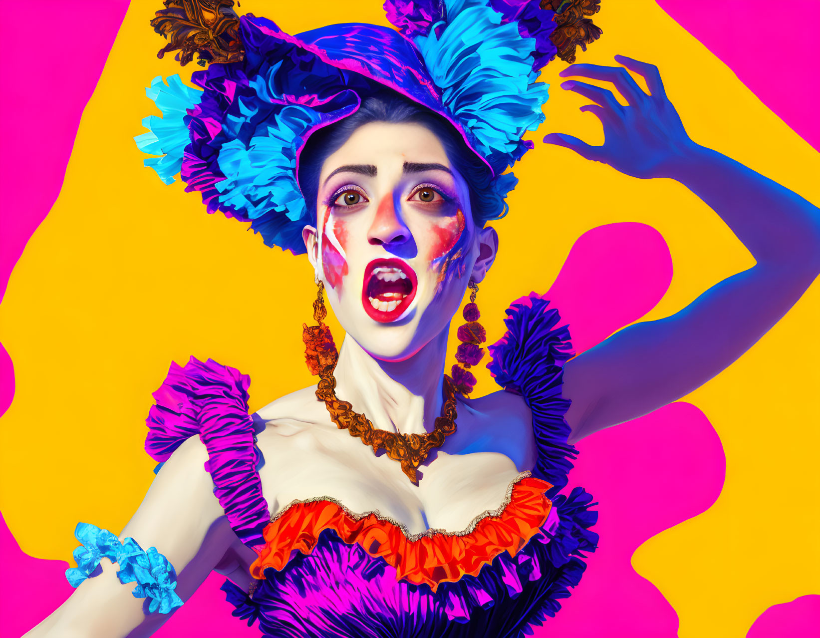 Colorful Costume and Artistic Makeup with Vibrant Feathers on Pink and Yellow Background