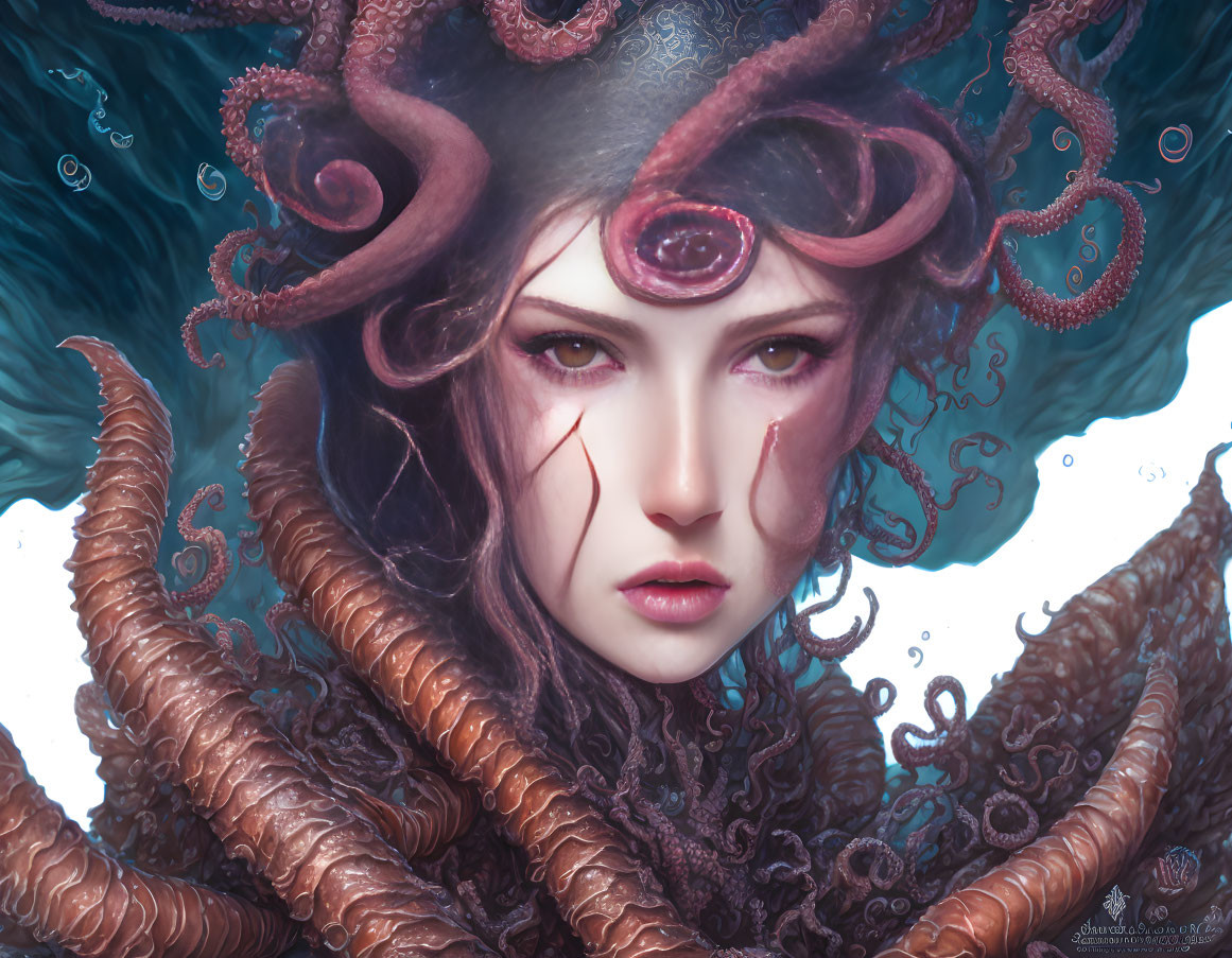 Fantastical portrait of female figure with octopus-like tentacles and third eye