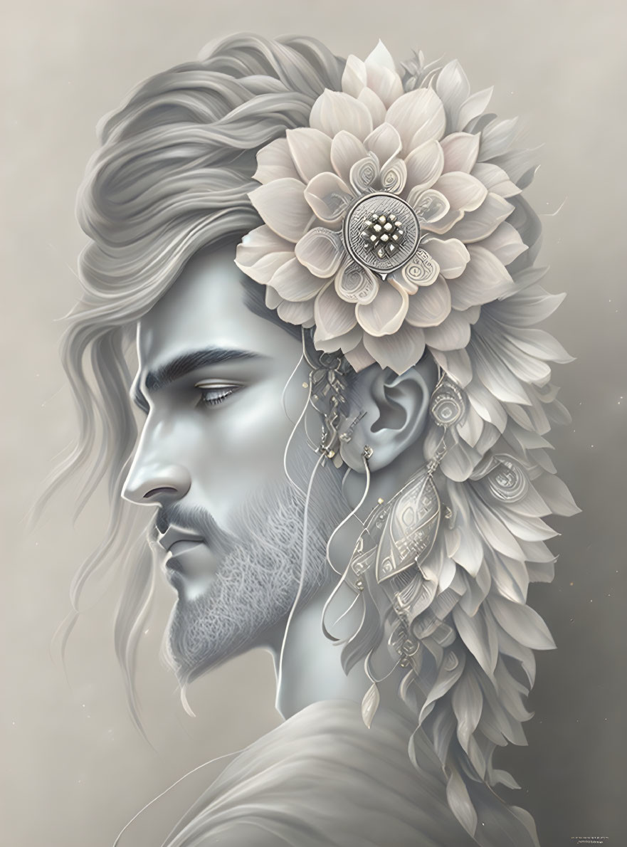 Man in profile with ornate floral and jeweled hair adornment in soft tones.