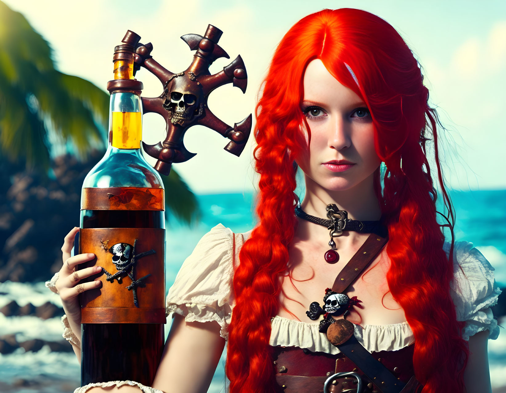 Red-haired woman in pirate attire with ship-in-bottle, skull and crossbones, tropical background