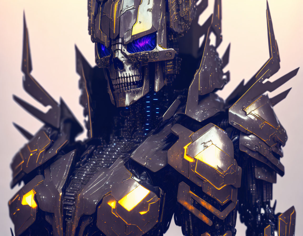 Detailed Mechanical Skull Illustration with Purple Glowing Eyes & Armored Plates