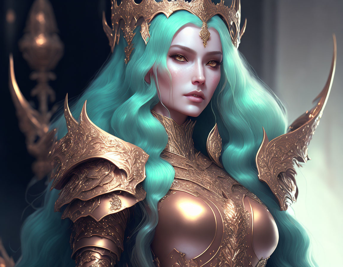 Illustrated female character with aqua blue hair, golden armor, and regal crown.