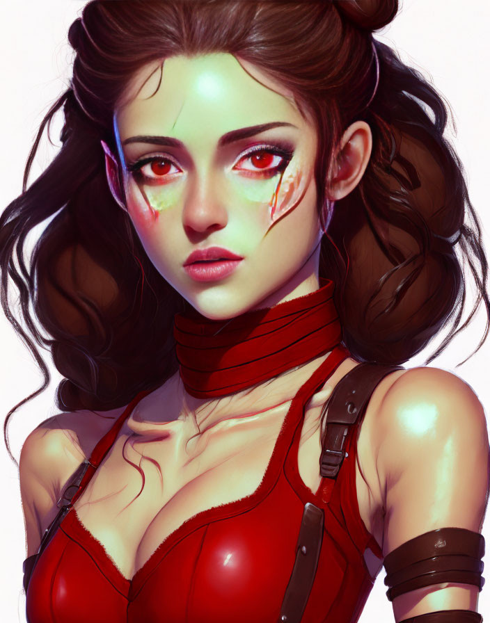 Digital Artwork: Woman with Brown Hair, Red Outfit, Striking Makeup