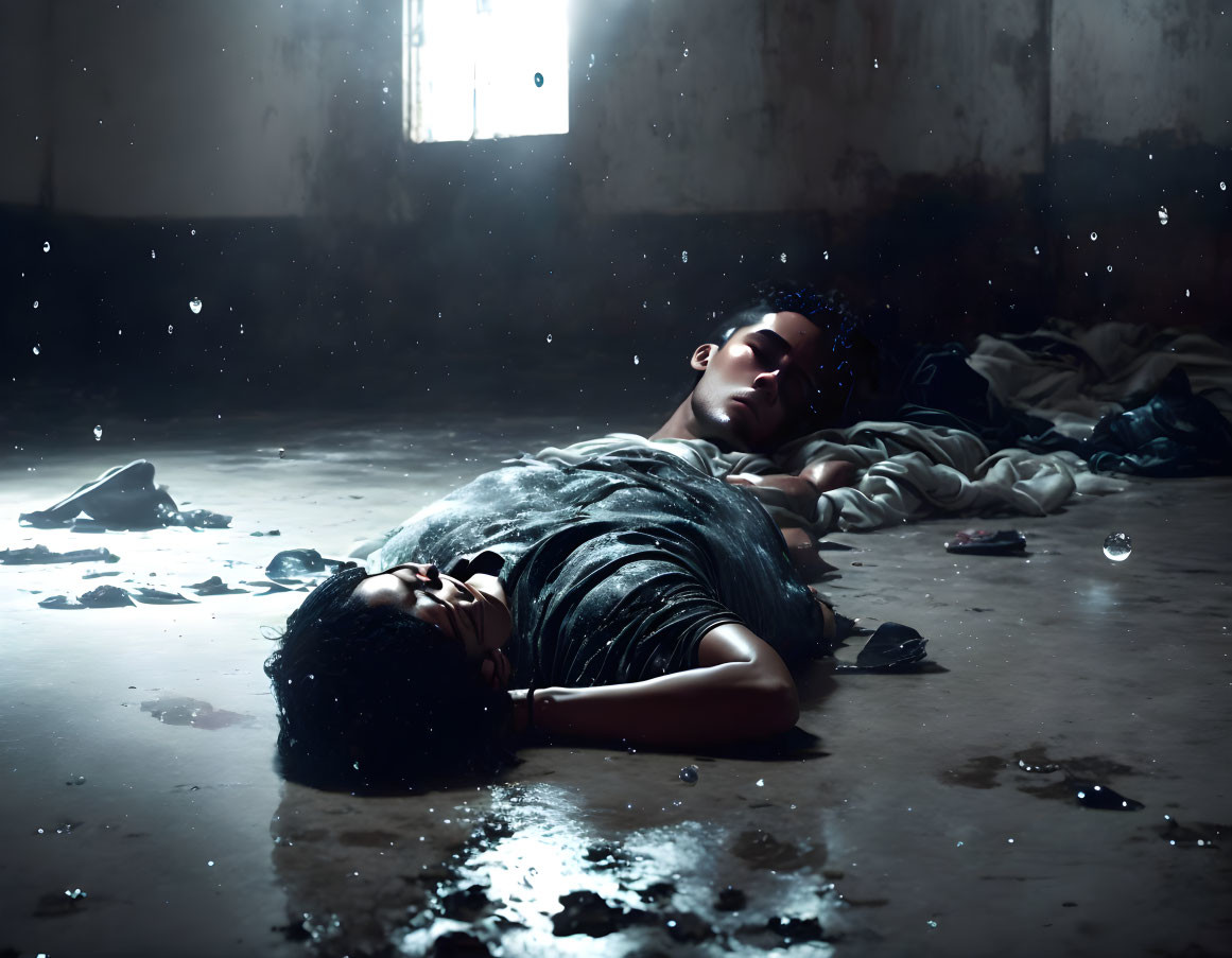 Two people lying on wet floor in dimly lit room with light and dust particles.