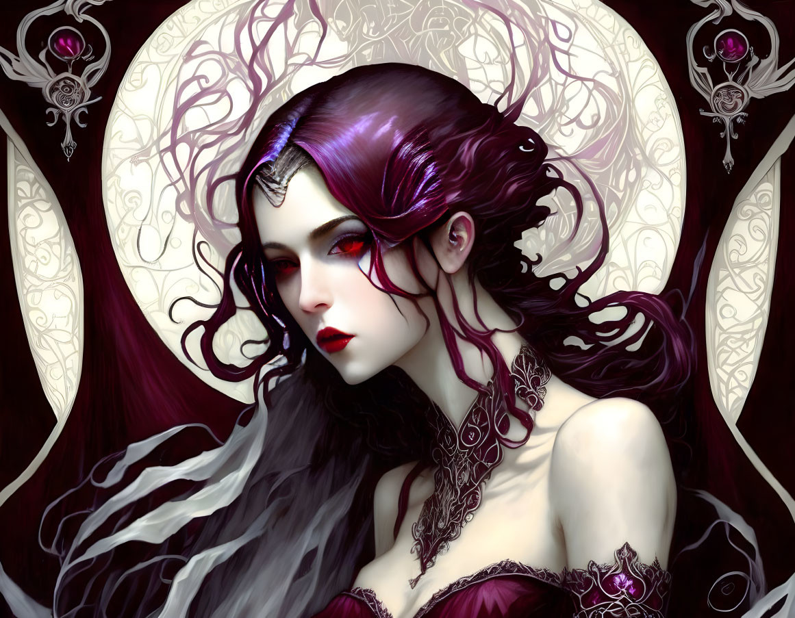 Gothic fantasy art of woman with purple hair and red eyes