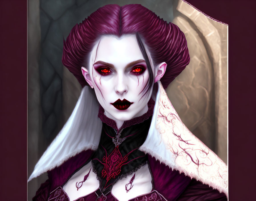 Illustration of female vampire with red eyes, fangs, high-collared burgundy outfit,