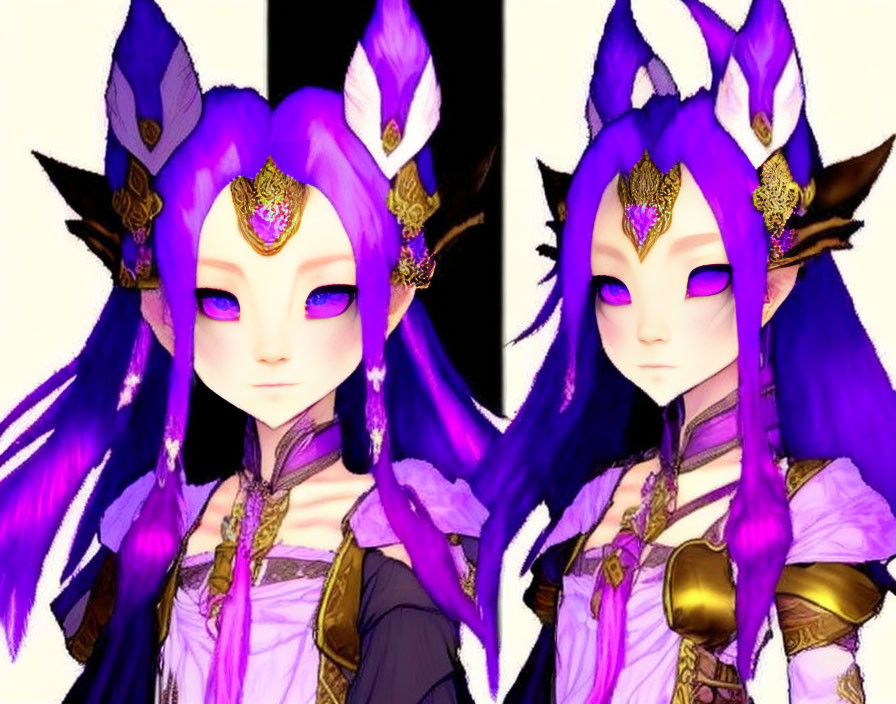 Identical Fantasy Characters with Purple Hair and Fox Ears