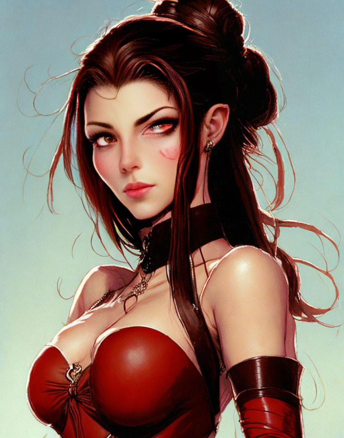 Illustration of female character with high ponytail, red eyes, and red-brown top.