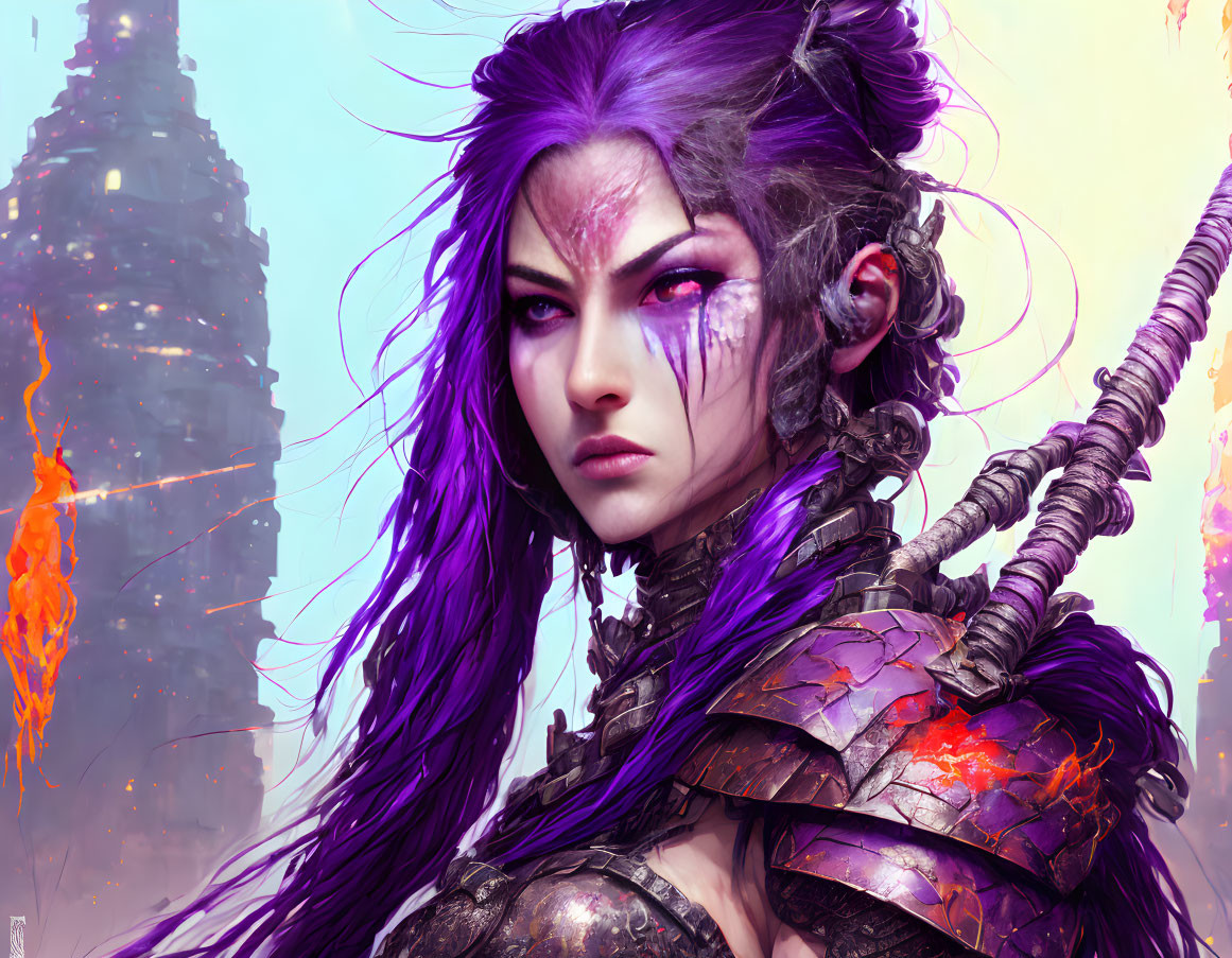 Digital artwork of fierce female warrior with purple hair, intense eyes, fantasy armor, fiery backdrop, and