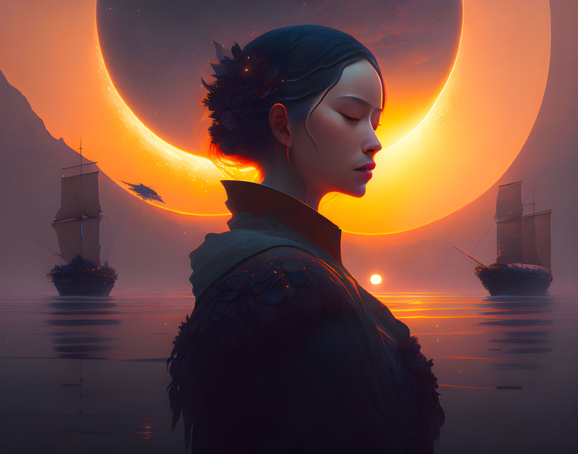 Profile of serene woman in ornate feathered attire against sunset backdrop with dual crescents and sailing ships