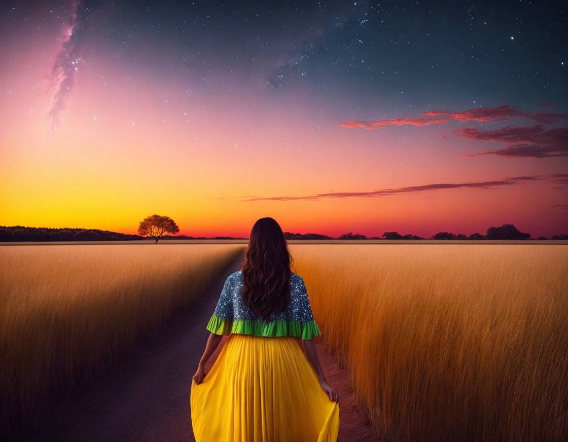 Woman in vibrant dress admiring sunset in field at dusk