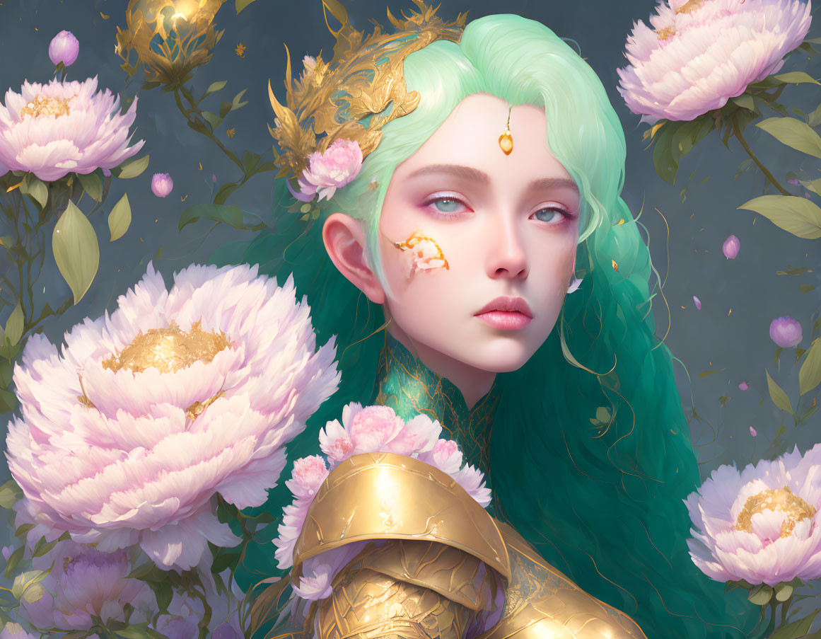 Fantasy portrait: person with green hair, gold armor, surrounded by pink peonies