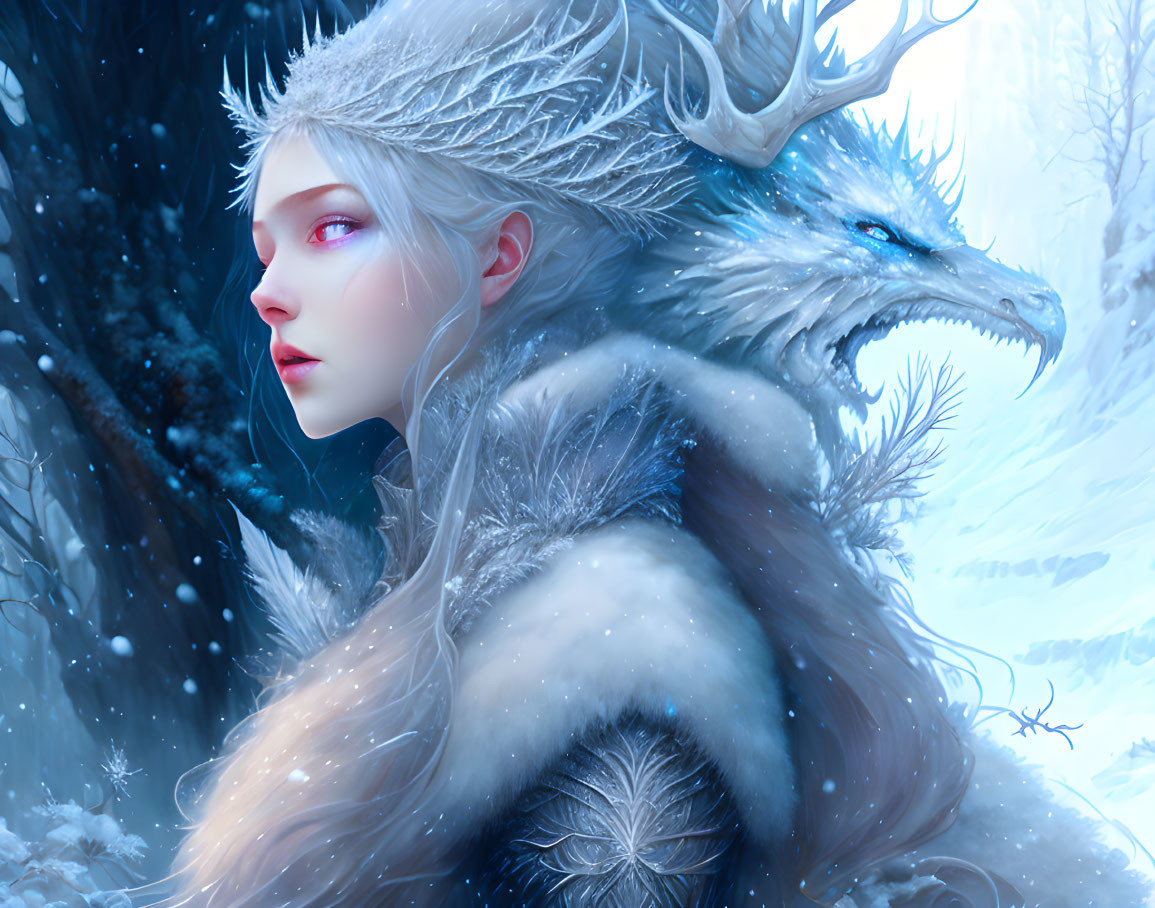 White-haired woman in fur with red eyes and blue dragon in snowy scene