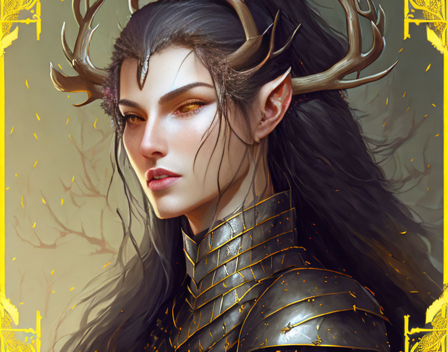 Fantasy Female Character with Pointed Ears and Elaborate Antler-Like Horns