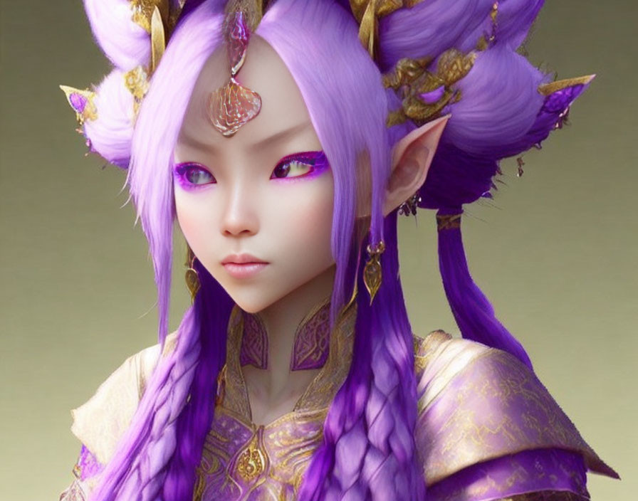 Female character with purple hair, pointed ears, and golden accessories