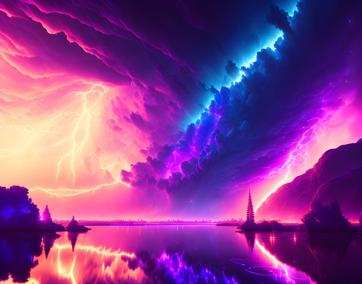 Surreal landscape digital artwork with neon sky and lightning