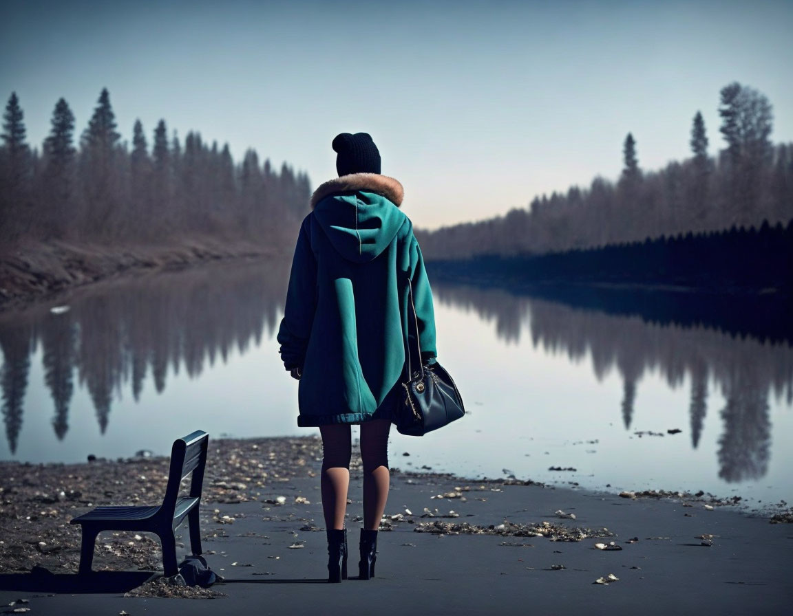 Person in Blue Coat Standing by Calm Lake with Trees and Bench