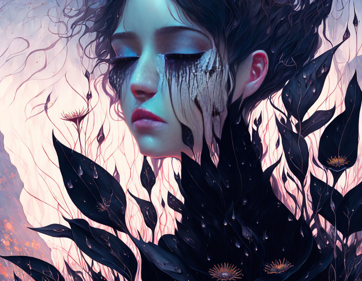 Vibrant surreal portrait of a woman with dark flowing hair and plant-like elements