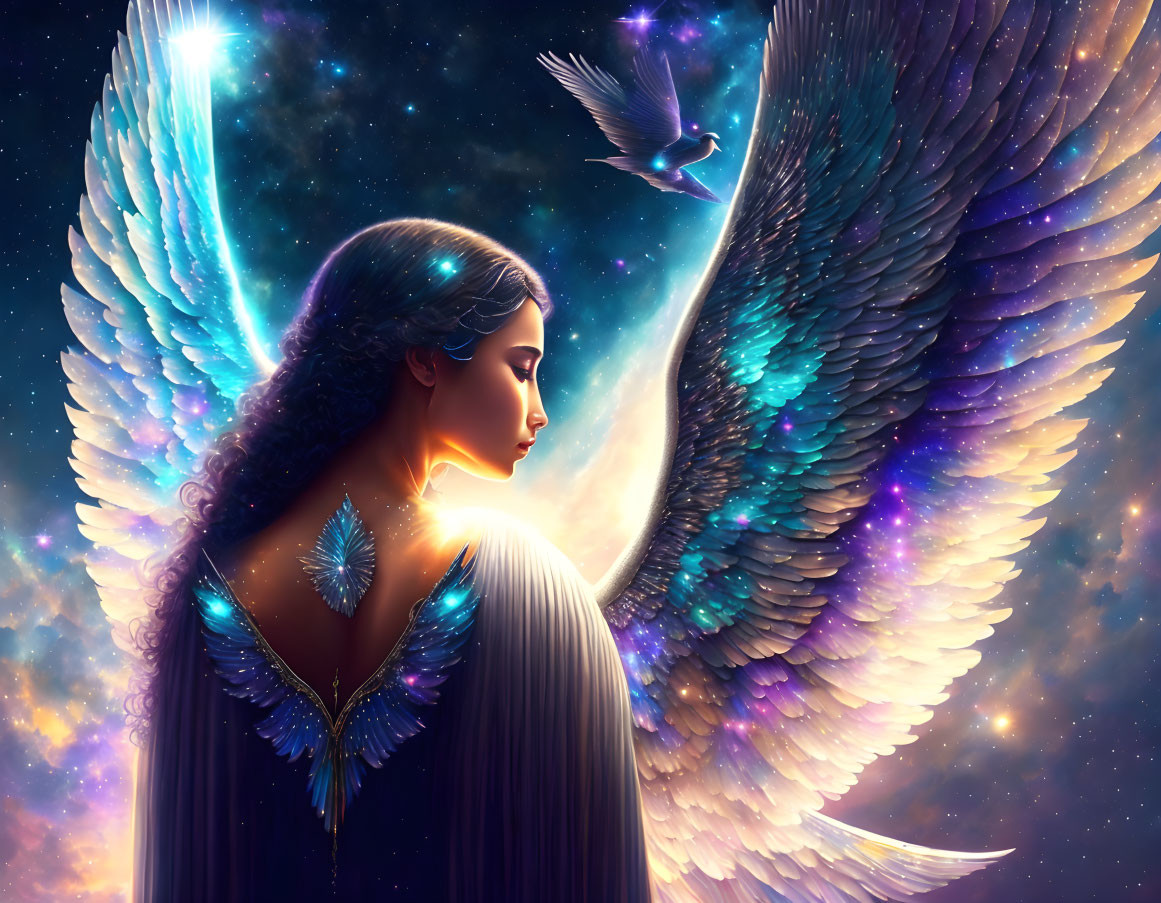 Serene woman with angelic wings gazing at starry sky with ascending dove