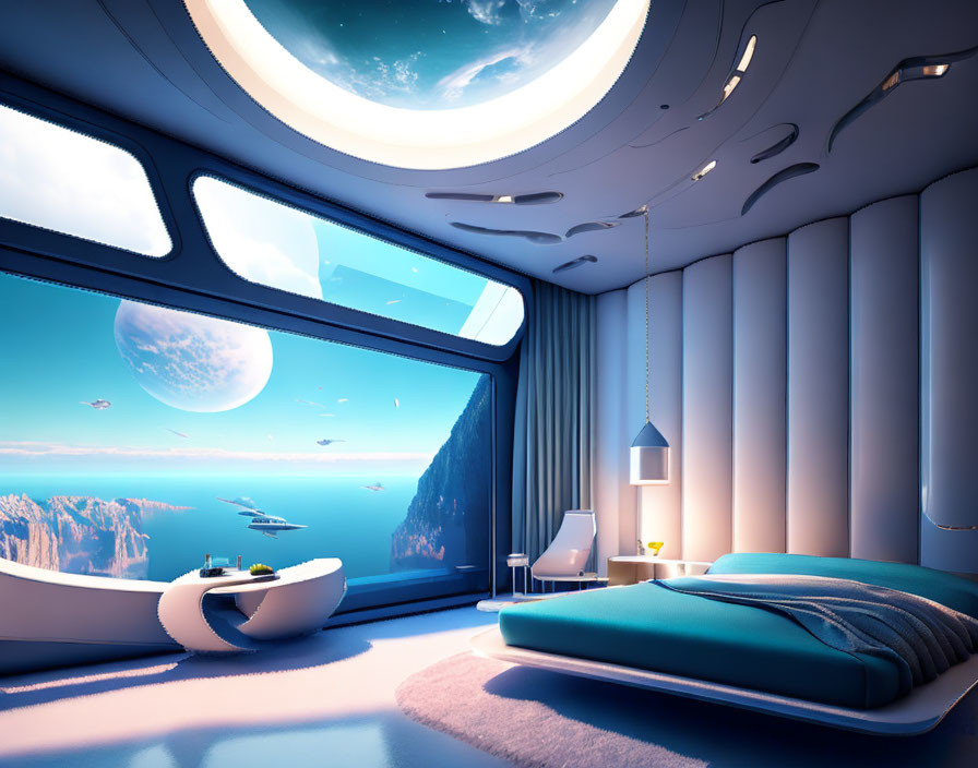 Modern bedroom with large windows, extraterrestrial view, modern furniture, cool blue tones