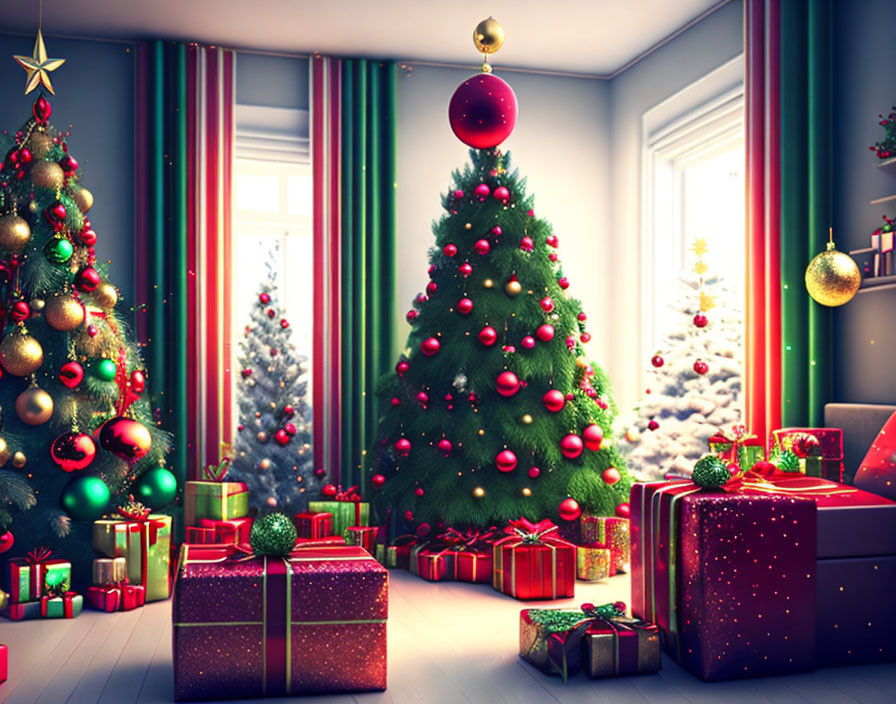 Festively Decorated Room with Christmas Tree, Ornaments, Lights, Wrapped Gifts, and Red