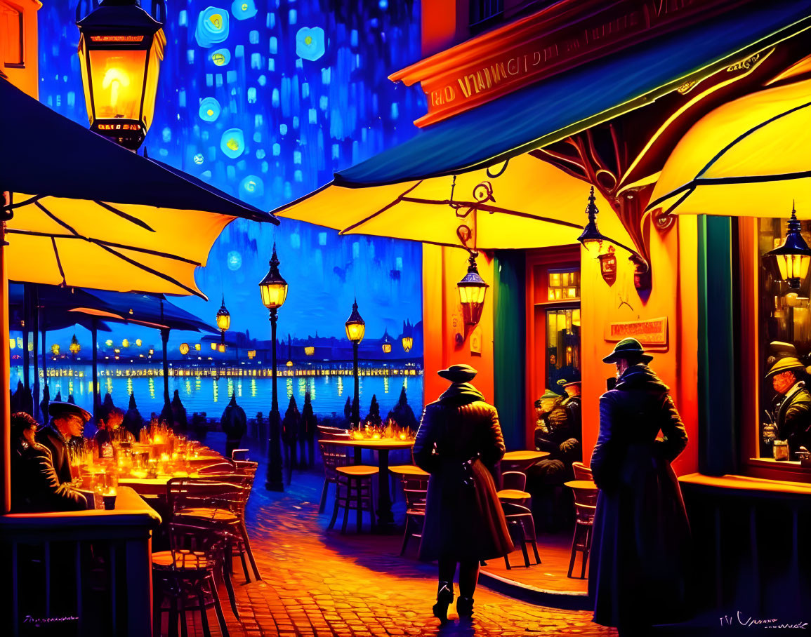 Night street scene: outdoor dining, silhouetted figures, radiant blue sky