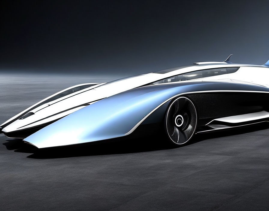 Streamlined white and blue concept car with prominent wheel arches