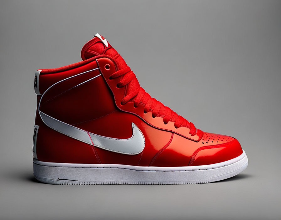 Red High-Top Sneaker with White Swoosh Logo on Grey Background