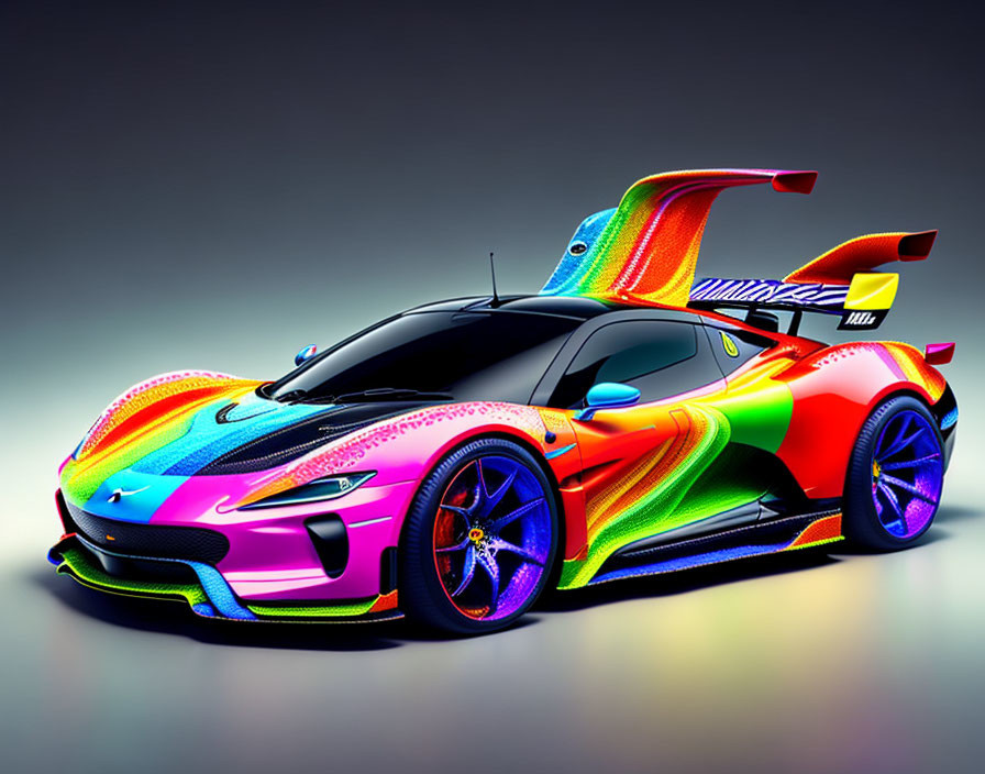 Multicolored sports car with aerodynamic design on grey background