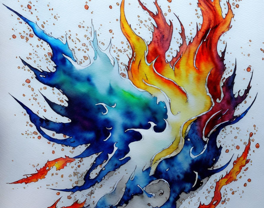 Colorful Watercolor Painting of Fire and Water Forces