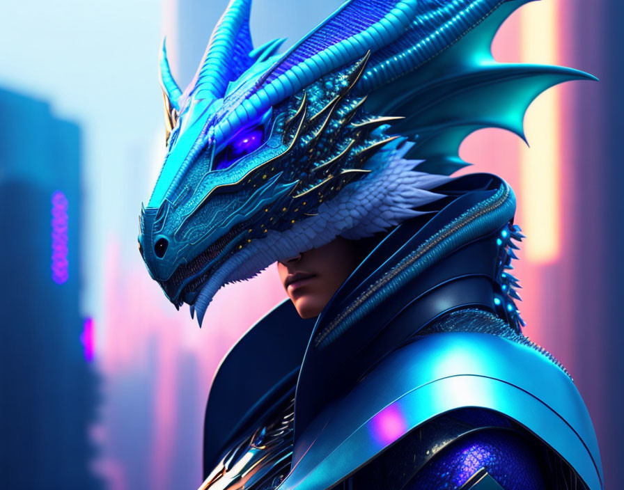 Elaborate blue armor with dragon helmet in futuristic cityscape