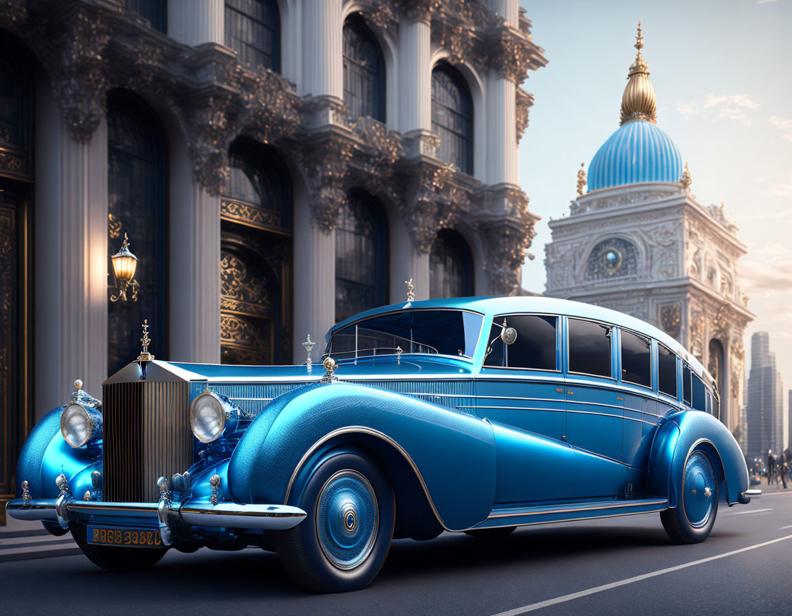 Vintage Blue Rolls-Royce Parked by Ornate Building with Dome