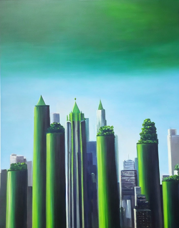 Urban nature painting: skyscrapers as green pencils with tree-covered rooftops