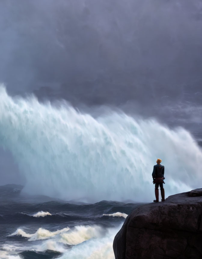 Person standing on cliff edge gazing at surreal massive wave