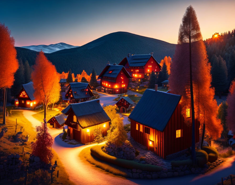 Village Twilight Scene with Glowing Lights and Autumn Trees