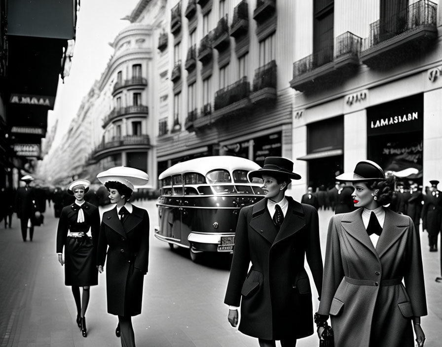 Four women in stylish vintage clothing walking confidently in a 1940s urban setting.