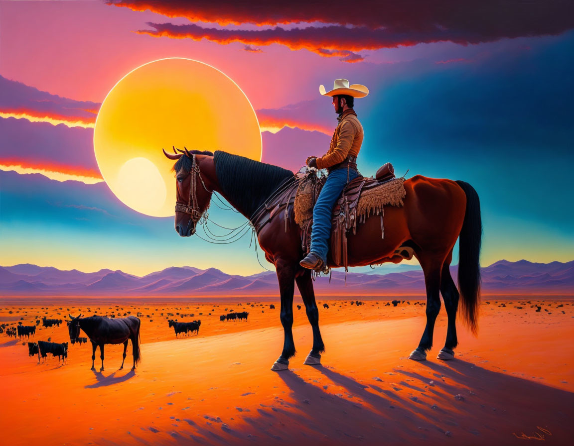 Cowboy on horseback overlooking cattle herd at sunset with vivid sun in orange and purple sky