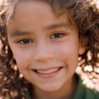 Smiling child with curly hair and freckles in green top