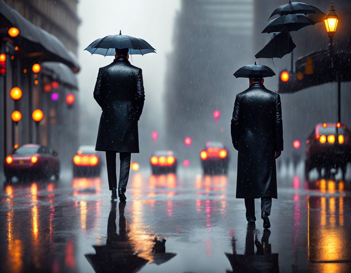 Rainy street scene with individuals holding umbrellas