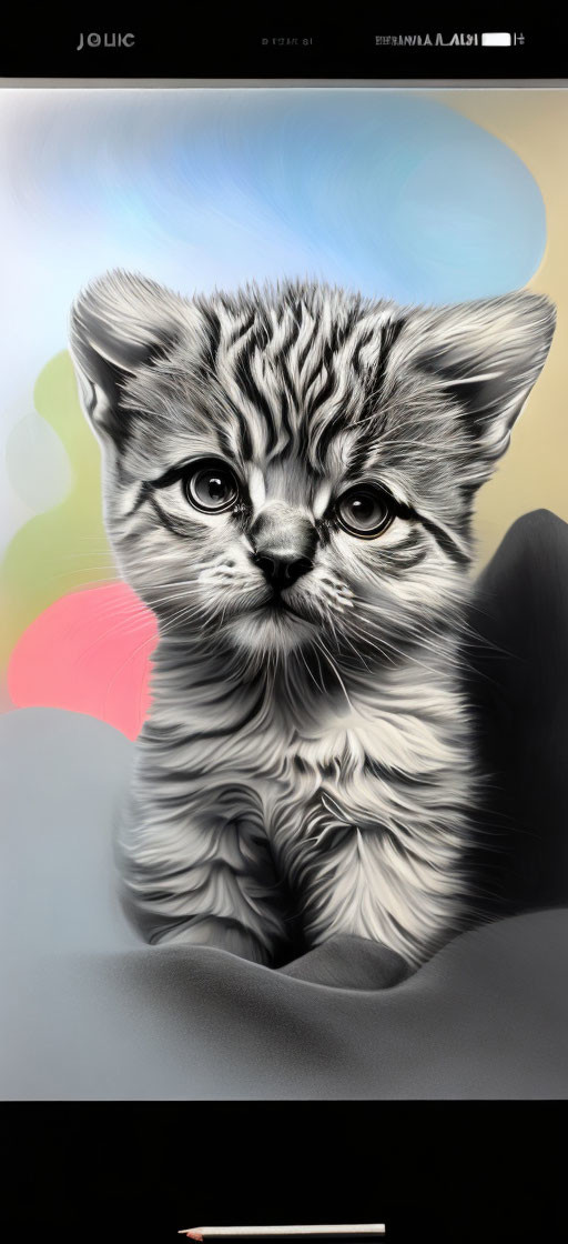 Detailed Hyperrealistic Fluffy Kitten Drawing with Colorful Background