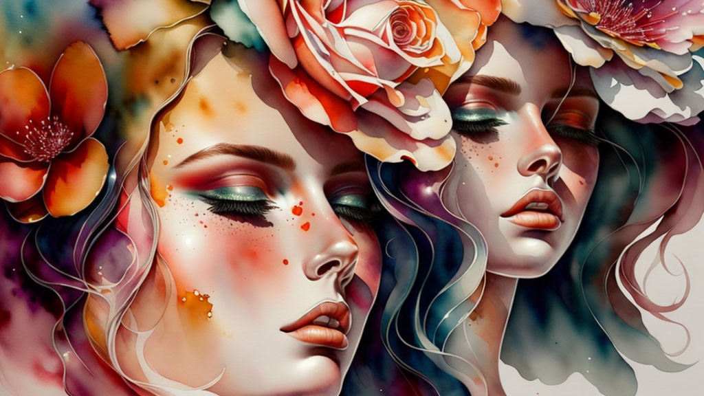 Vibrant digital artwork: Two women with floral hair and abstract watercolors