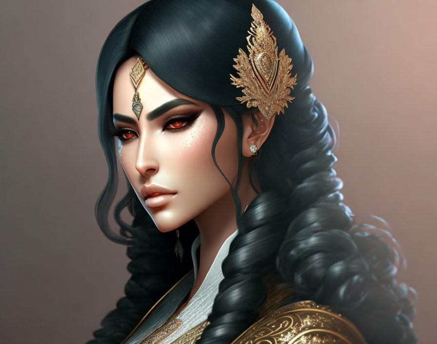 Portrait of a woman with gold jewelry, fair skin, dark hair, and piercing gaze